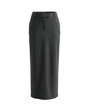 The Eloise Tailored Skirt in gray — high-waist straight maxi skirt with front slit, product flat-lay