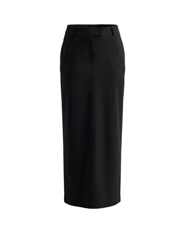 The Eloise Tailored Skirt in black — high-waist straight maxi skirt with front slit, product flat-lay