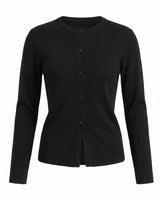 The Elsa Cardi in black — ribbed knit button-front cardigan, product flat-lay