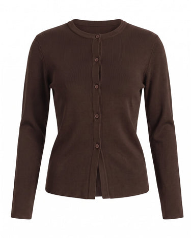 The Elsa Cardi in brown — ribbed knit button-front cardigan, product flat-lay