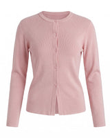 The Elsa Cardi in pink — ribbed knit button-front cardigan, product flat-lay