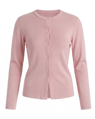 The Elsa Cardi in pink — ribbed knit button-front cardigan, product flat-lay