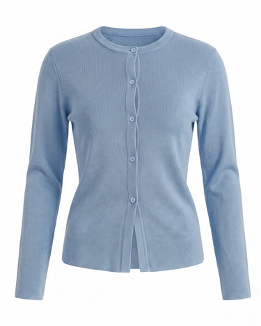 The Elsa Cardi in blue — ribbed knit button-front cardigan, product flat-lay
