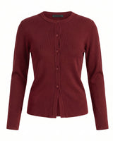 The Elsa Cardi in red — ribbed knit button-front cardigan, product flat-lay