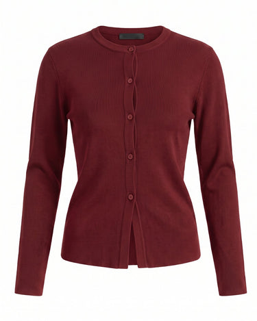 The Elsa Cardi in red — ribbed knit button-front cardigan, product flat-lay
