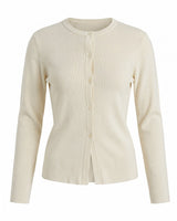 The Elsa Cardi in cream white — ribbed knit button-front cardigan, product flat-lay