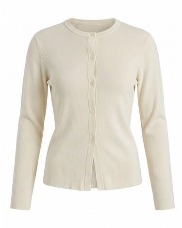 The Elsa Cardi in cream white — ribbed knit button-front cardigan, product flat-lay