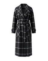 The Emilia Grid Longline Coat in black windowpane check — longline coat with lapel collar and tie belt, product flat-lay