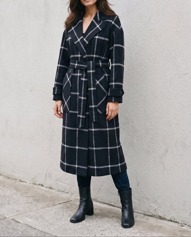 The Emilia Grid Longline Coat in black windowpane check — longline coat, front view on model
