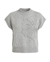 The Floral Embroider Top in light gray — short-sleeve knit top with mock neck and raised floral embroidery, product flat-lay