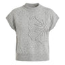 The Floral Embroider Top in light gray — short-sleeve knit top with mock neck and raised floral embroidery, product flat-lay