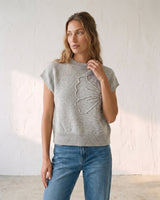 The Floral Embroider Top in light gray — short-sleeve knit top, front view on model