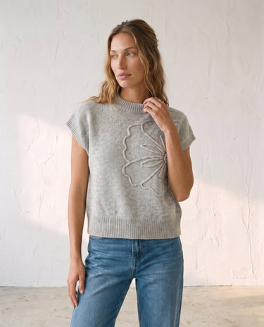 The Floral Embroider Top in light gray — short-sleeve knit top, front view on model