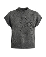The Floral Embroider Top in dark gray — short-sleeve knit top with mock neck and raised floral embroidery, product flat-lay