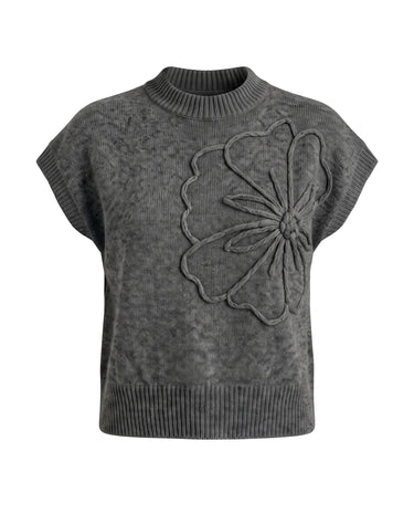The Floral Embroider Top in dark gray — short-sleeve knit top with mock neck and raised floral embroidery, product flat-lay