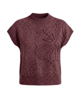 The Floral Embroider Top in burgundy — short-sleeve knit top with mock neck and raised floral embroidery, product flat-lay