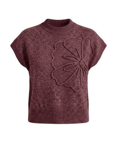 The Floral Embroider Top in burgundy — short-sleeve knit top with mock neck and raised floral embroidery, product flat-lay