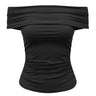 Black off-shoulder top with folded bandeau neckline and ruched sides, flat-lay front view – Moriel Heritage
