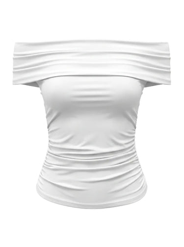 White off-shoulder top with folded bandeau neckline and ruched sides, flat-lay front view – Moriel Heritage