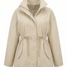 The Halden Coat in light khaki, flat lay front view of the hooded utility jacket with drawstring waist and welt pockets