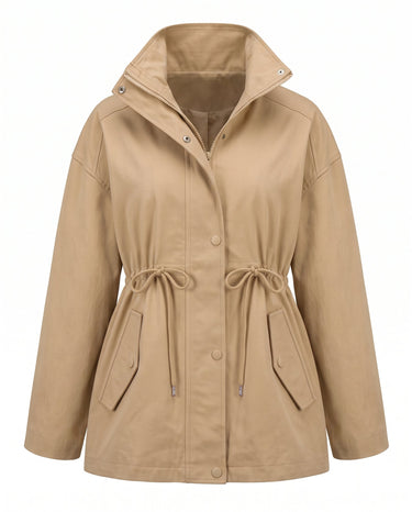 The Halden Coat in khaki, flat lay front view of the hooded utility jacket with drawstring waist