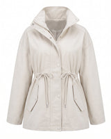The Halden Coat in off white, flat lay front view of the hooded utility jacket with drawstring waist