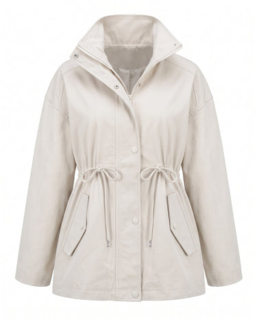 The Halden Coat in off white, flat lay front view of the hooded utility jacket with drawstring waist