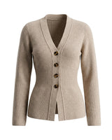 The Harlow Cardi in khaki — V-neck button-front ribbed knit cardigan, product flat-lay