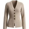 The Harlow Cardi in khaki — V-neck button-front ribbed knit cardigan, product flat-lay