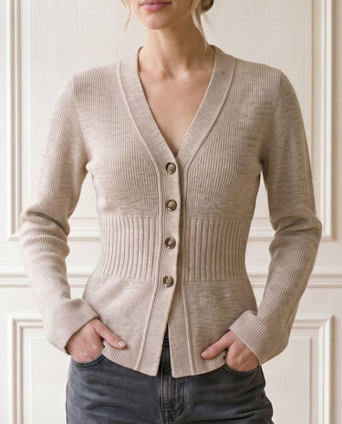 The Harlow Cardi in khaki — V-neck button-front knit cardigan, front view on model