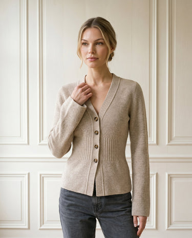 The Harlow Cardi in khaki — button-front knit cardigan, front three-quarter view on model