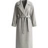 The Haven Tie Waist Coat in light gray — long wrap coat with lapel collar and tie belt, product flat-lay