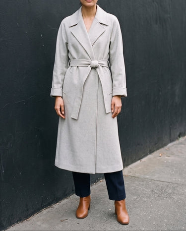 The Haven Tie Waist Coat in light gray — long wrap coat, front view on model