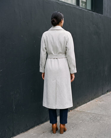 The Haven Tie Waist Coat in light gray — long wrap coat, back view on model