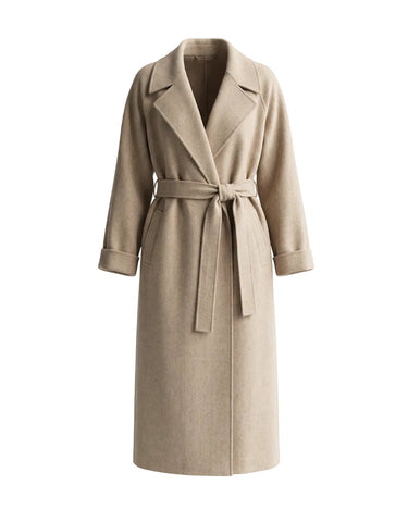 The Haven Tie Waist Coat in beige — long wrap coat with lapel collar and tie belt, product flat-lay