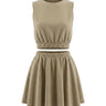 The Isola Cotton & Linen Skirt Set in khaki — sleeveless crop top and flared mini skirt, product flat-lay