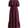 The Ivy Maxi in burgundy — strapless ruffle-bodice tiered A-line maxi dress, product flat-lay