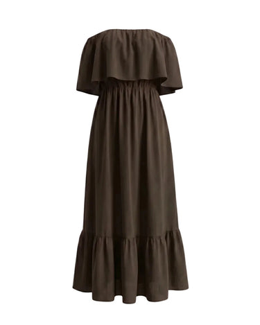 The Ivy Maxi in brown — strapless ruffle-bodice tiered A-line maxi dress, product flat-lay