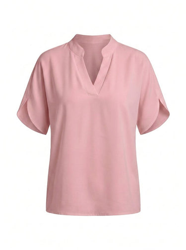 Pink short-sleeve blouse with a stand collar and split V neckline, flat lay on white – Moriel Heritage