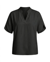 Black short-sleeve blouse with a stand collar and split V neckline, flat lay on white – Moriel Heritage