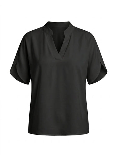 Black short-sleeve blouse with a stand collar and split V neckline, flat lay on white – Moriel Heritage