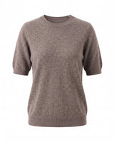 The Kyla short-sleeve knit tee in taupe — relaxed round-neck knitted pullover, product flat-lay