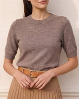 The Kyla short-sleeve knit tee in taupe — front view on model