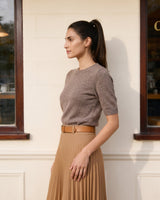 The Kyla short-sleeve knit tee in taupe — side view on model