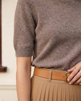 The Kyla short-sleeve knit tee in taupe — close-up of the ribbed sleeve and hem