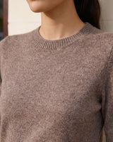 The Kyla short-sleeve knit tee in taupe — close-up of the round crewneck