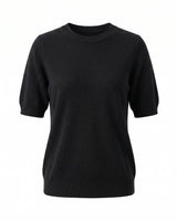 The Kyla short-sleeve knit tee in black — relaxed round-neck knitted pullover, product flat-lay