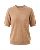 The Kyla short-sleeve knit tee in camel — relaxed round-neck knitted pullover, product flat-lay