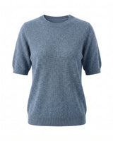 The Kyla short-sleeve knit tee in blue — relaxed round-neck knitted pullover, product flat-lay