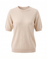The Kyla short-sleeve knit tee in beige — relaxed round-neck knitted pullover, product flat-lay